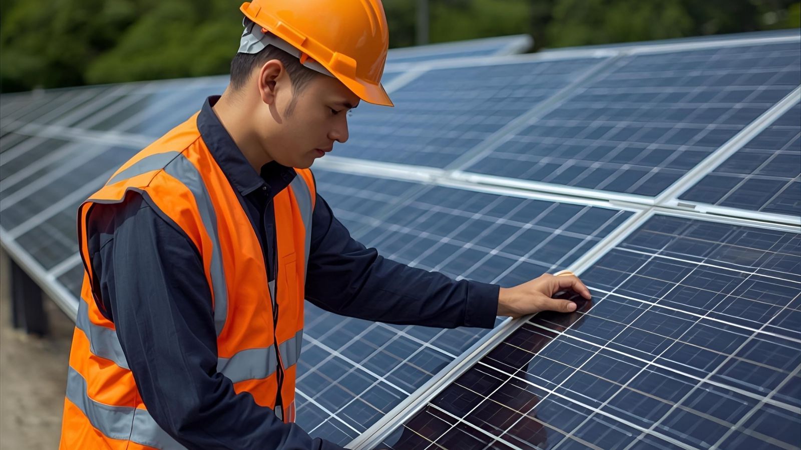 Engineer inspecting solar PV panels on a renewable energy project
